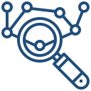 evidence based research icon shows a magnifying glass looking at molecules